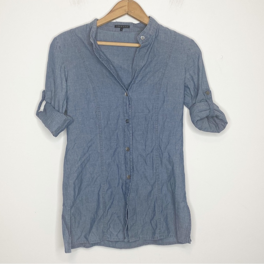 Theory size P Cotton Chambray Rolle Sleeve Button Down Shirt Blue